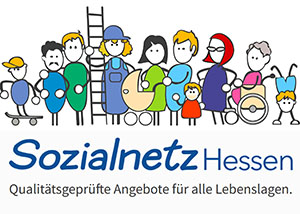 gezeichnete Menschengruppe mit Sozialnetz Logo